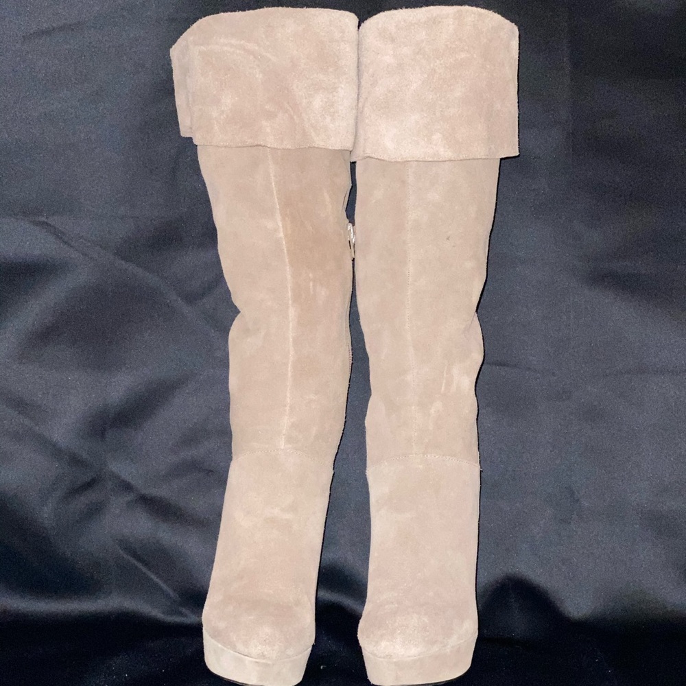 Bakers “Garcia” over the knee taupe suede boots.